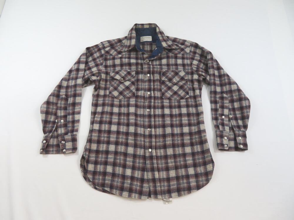 Pendleton Western Wear Shirt Wool Pearl Snap Red Blue Beige Plaid Sz S? 1970s